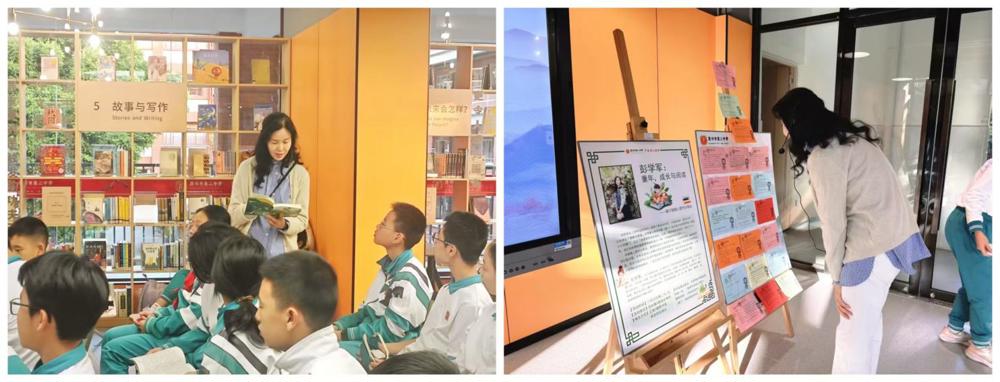 彭老师和学生探讨小说《青木塔》结尾引用的歌词；彭老师观看学生们的阅读心得